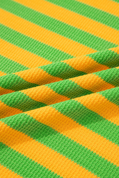 Green Stripe Puff Sleeve Lounge Set Drawstring Shorts