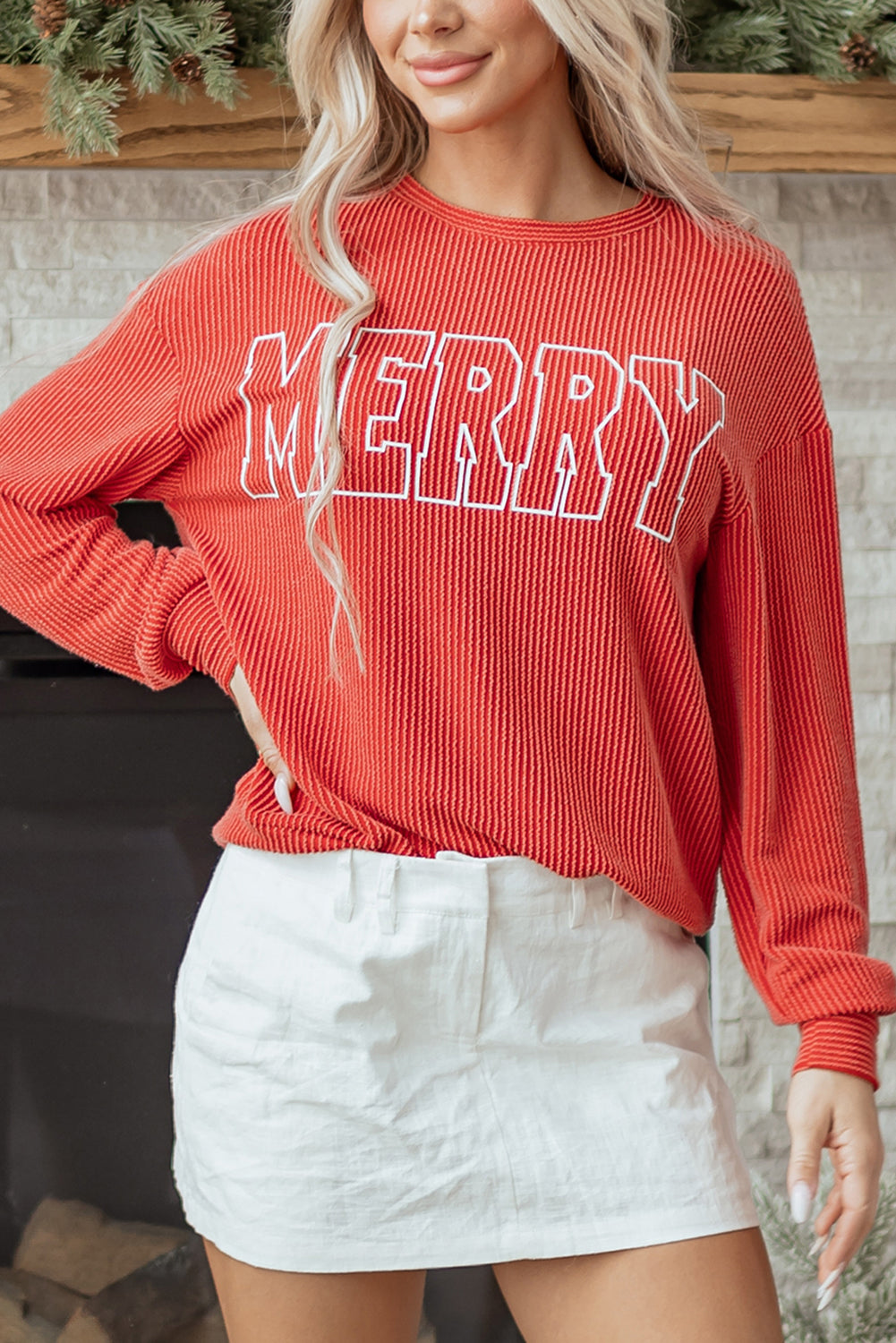 Corduroy MERRY Letter Christmas Pullover Sweatshirt