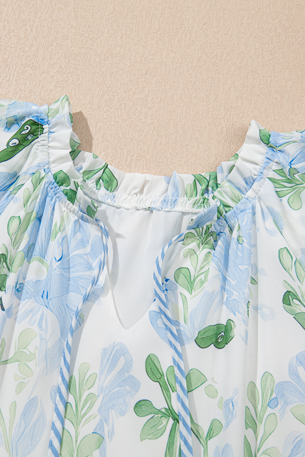 Sky Blue Floral Ruffle Sleeve Tie Neck Mini Dress