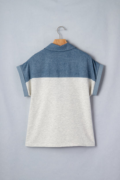 Color Block Polo Henley Short Sleeve Casual Top