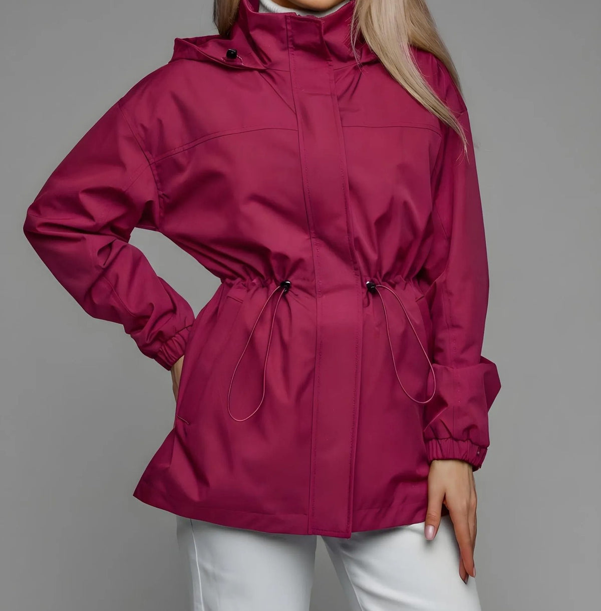 Women's Hooded Drawstring Waist Windbreaker Jacket