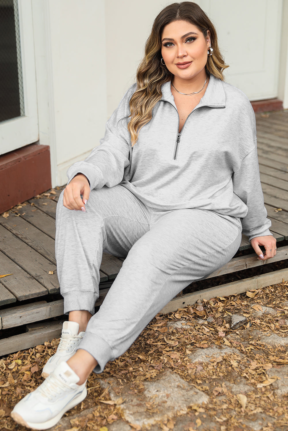 Gray Zipper Pullover and Joggers Plus Size Outfits