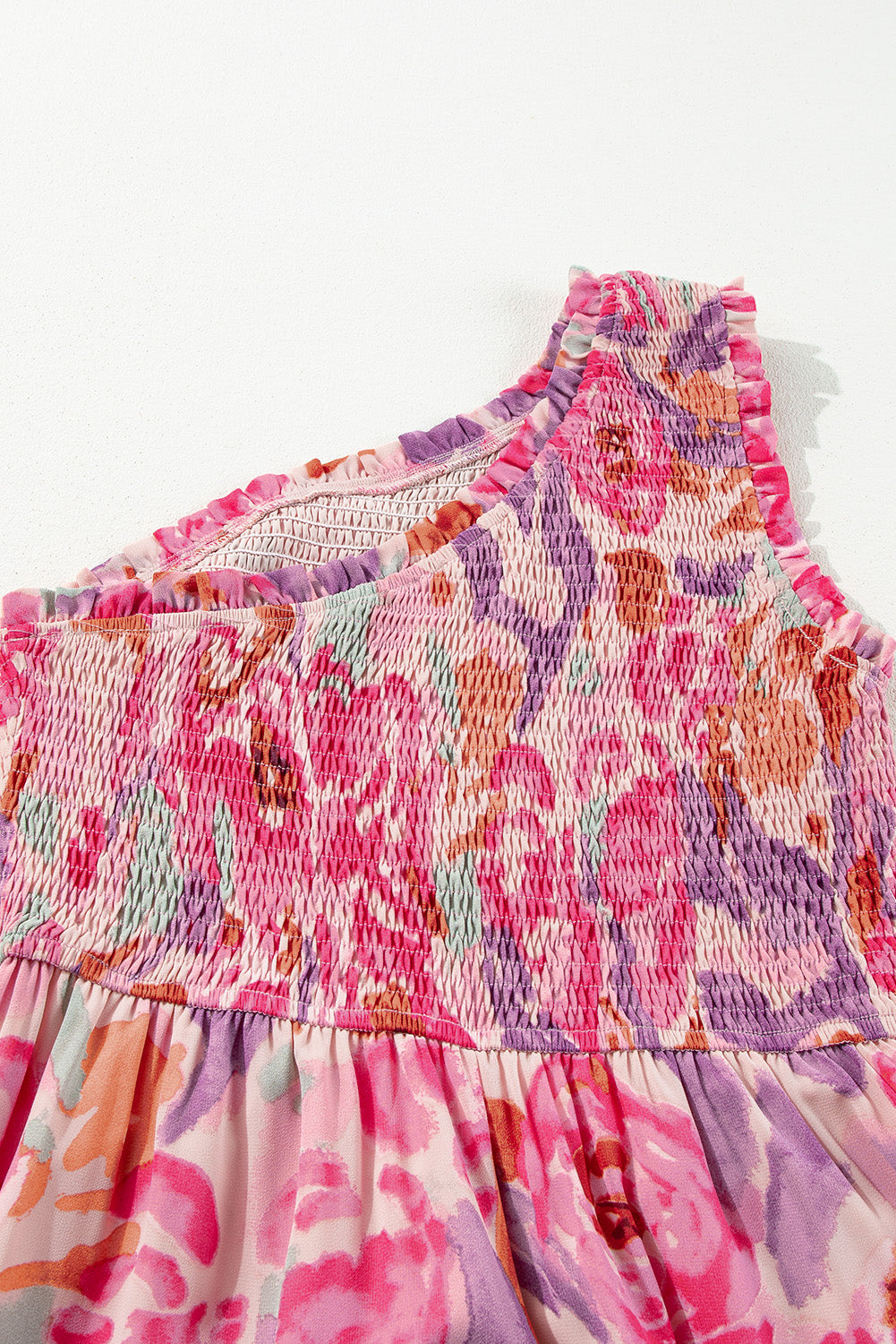 Pink Floral One Shoulder Smocked Tiered Maxi Dress
