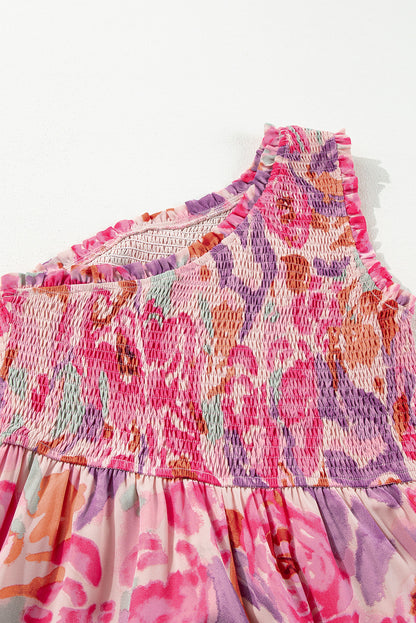 Pink Floral One Shoulder Smocked Tiered Maxi Dress