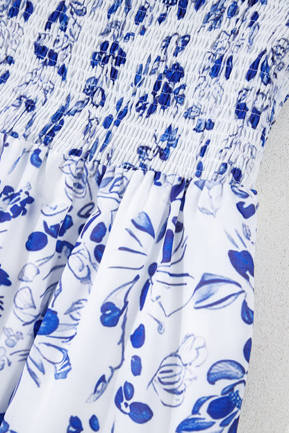 Blue Floral Square Neck Smocked Maxi Dress