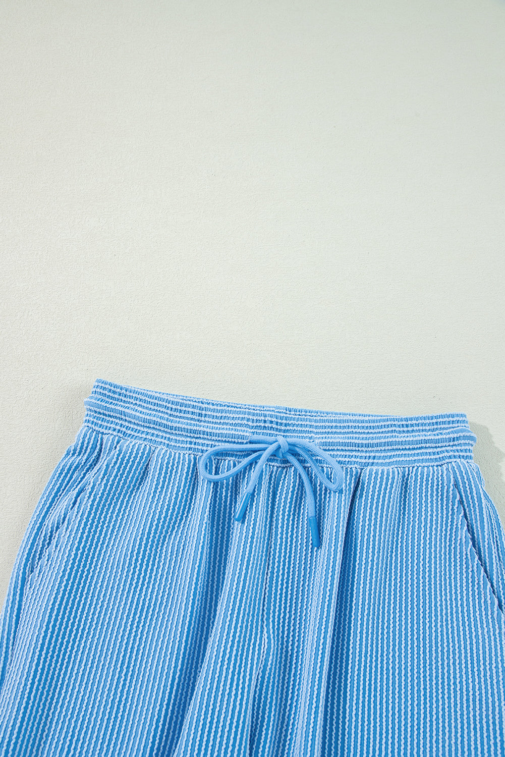Blue Ribbed Knit Lounge Set Wide Leg Pants Outfit