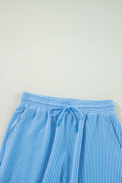 Blue Ribbed Knit Lounge Set Wide Leg Pants Outfit