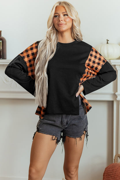 Halloween Pumpkin Face Plaid Patchwork Long Sleeve Top
