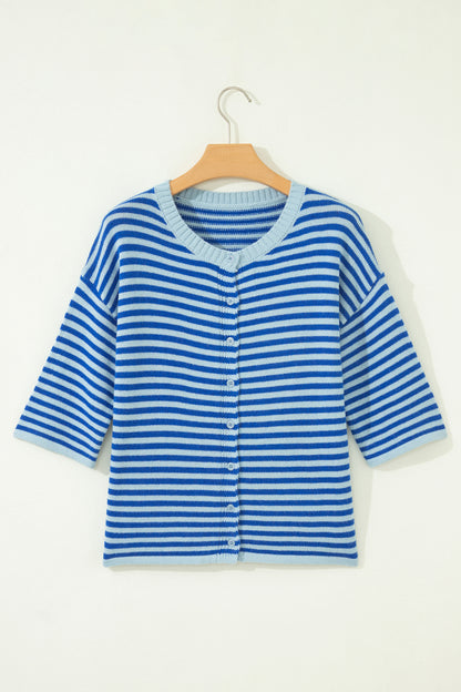 Blue Stripe Knit Cardigan Half Sleeve Button Front Sweater