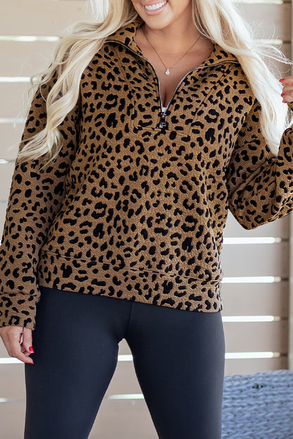 Brown Leopard Print Quarter Zip Sweatshirt