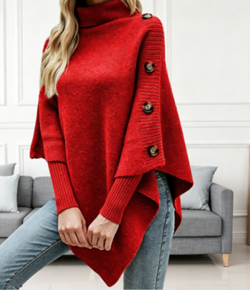 Women Turtleneck Poncho Sweater Button Cape Knit Top