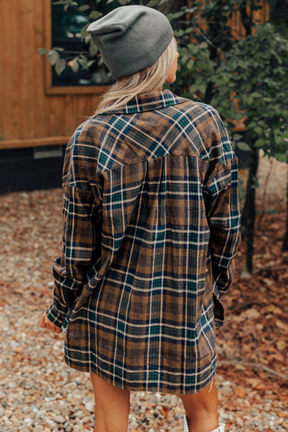 Brown Plaid Button-Down Shacket with Chest Pockets