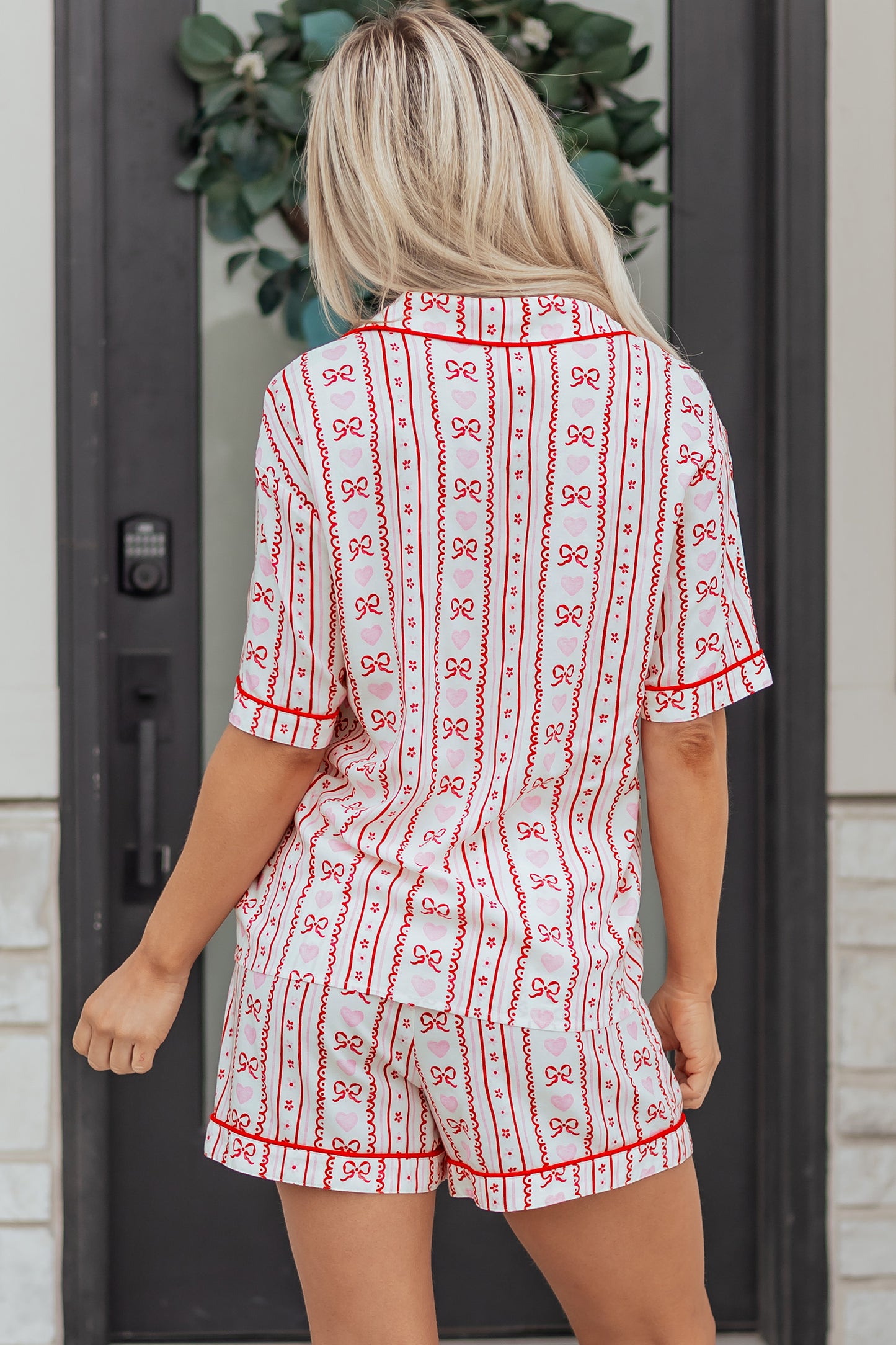 Valentines Heart Bow Print Ribbon Trim 2 Piece Pajama Set