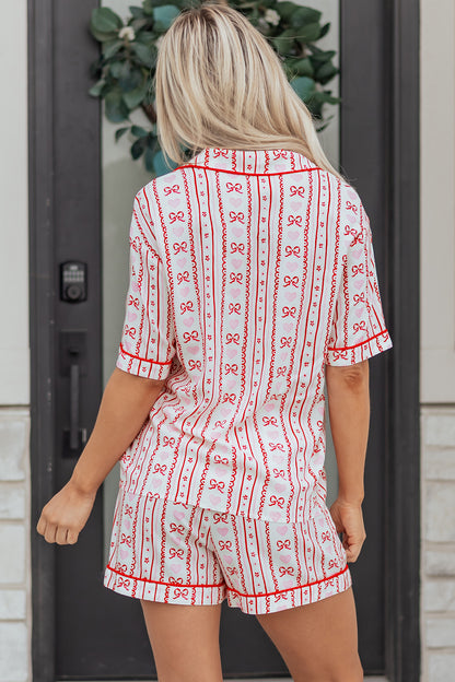 Valentines Heart Bow Print Ribbon Trim 2 Piece Pajama Set