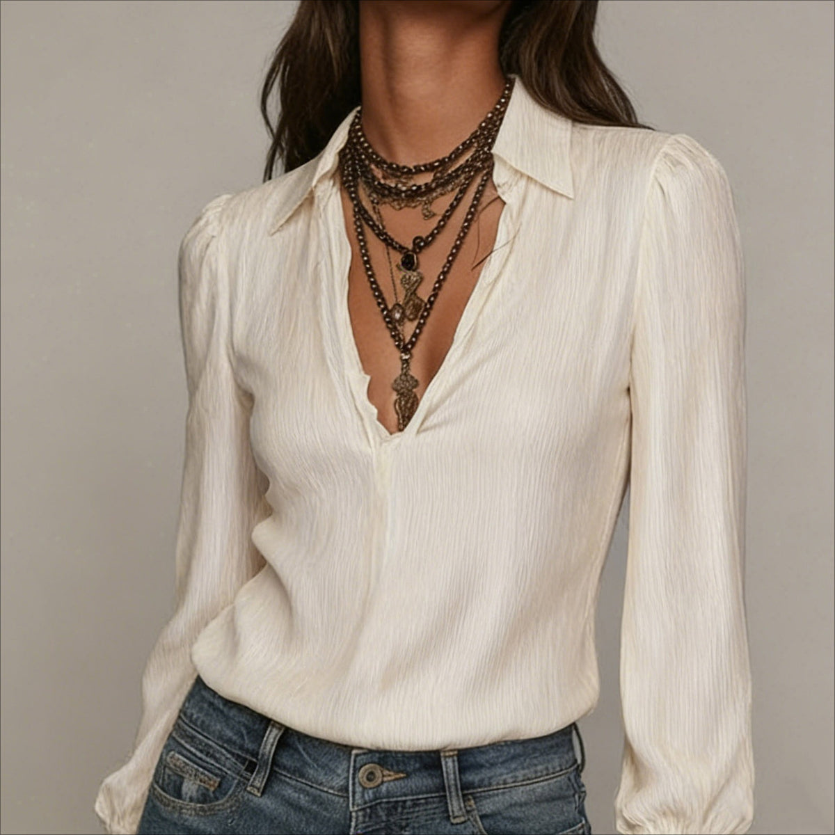 Women's V-Neck Collared Puff Sleeve Blouse Top