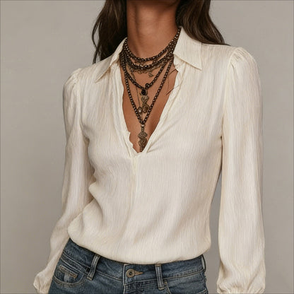 Women's V-Neck Collared Puff Sleeve Blouse Top