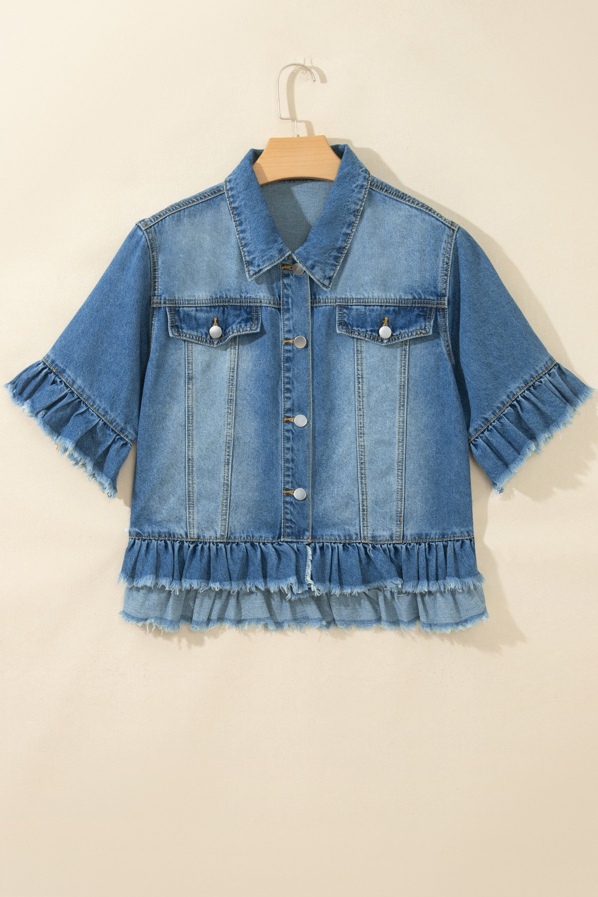 Ruffle Trim Raw Hem Half Sleeve Cropped Denim Jacket