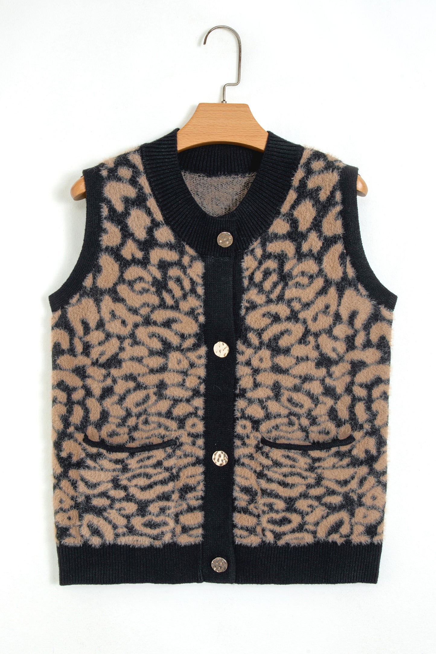 Western Leopard Print Knit Sweater Vest Button Cardigan