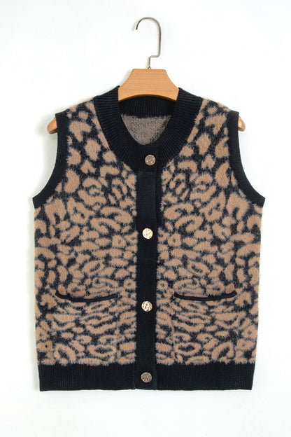 Western Leopard Print Knit Sweater Vest Button Cardigan