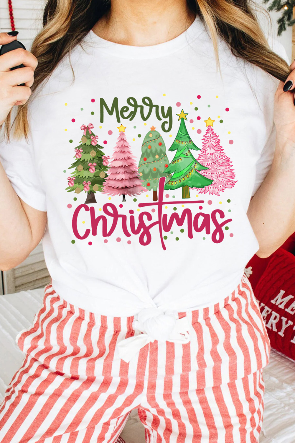 White Merry Christmas Trees Graphic Holiday Crewneck T Shirt
