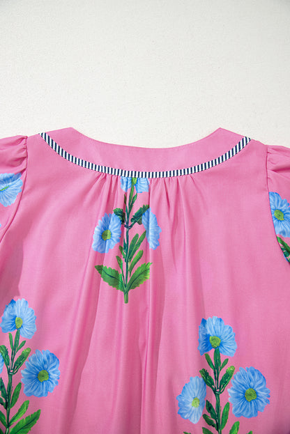 Easter Floral Split Neck Short Sleeve Mini Dress