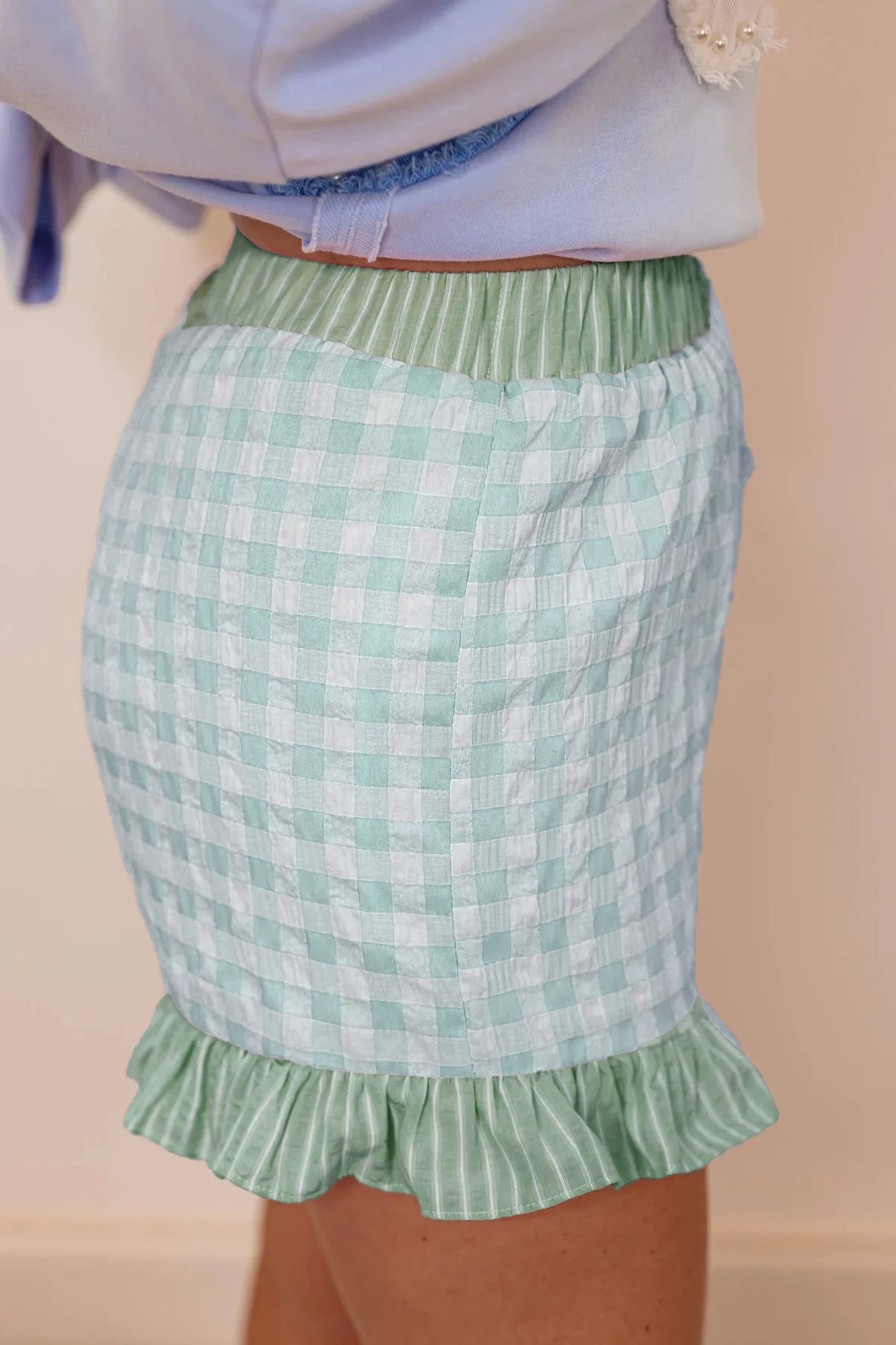 Gingham Ruffle Hem Shorts High Waist Casual Summer