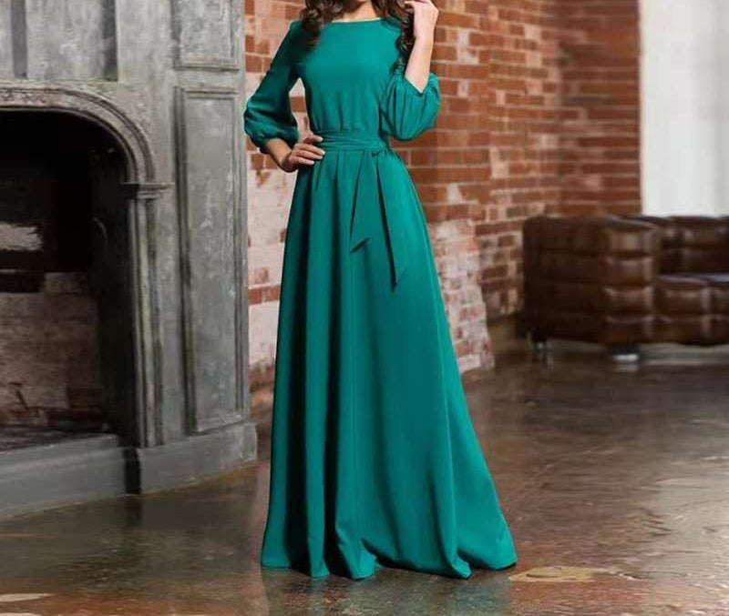 Women's Long Sleeve Tie Waist Maxi Dress A-Line Flowy
