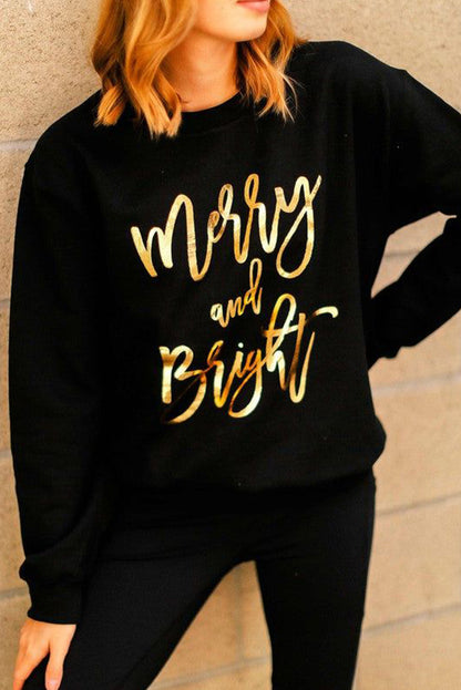 Black Merry and Bright Christmas Graphic Pullover Sweatshirt