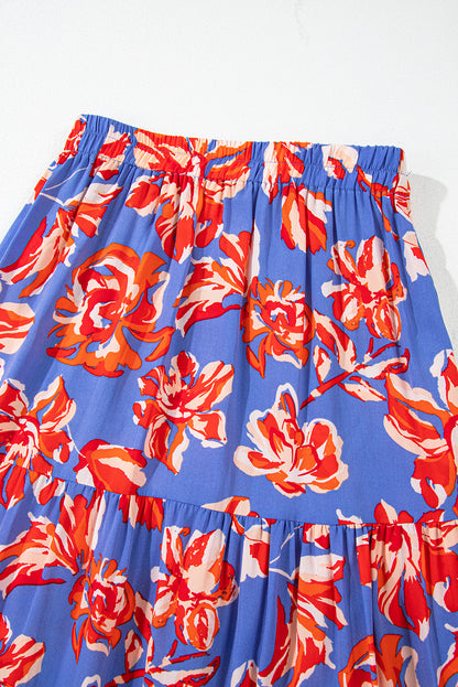 Blue Bohemian Floral Print Tiered Maxi Skirt with Split