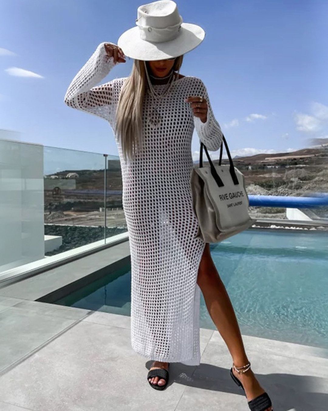 White Crochet Mesh Beach Cover Up Maxi Dress Women Resort
