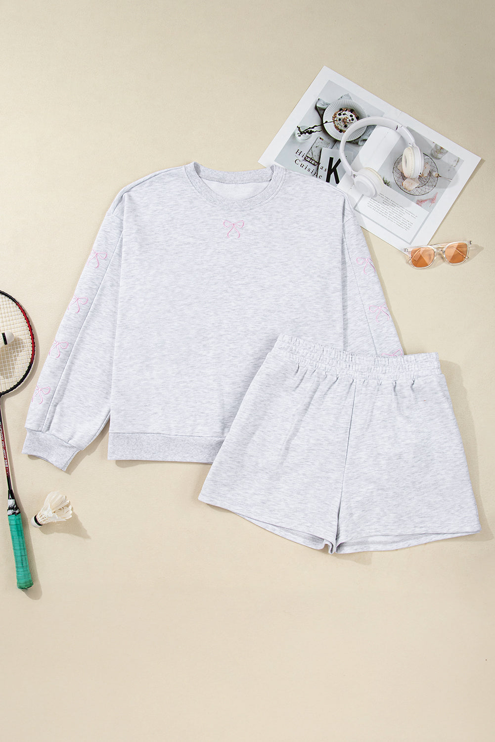 Bow Embroidered Pullover and Shorts Plus Size Set