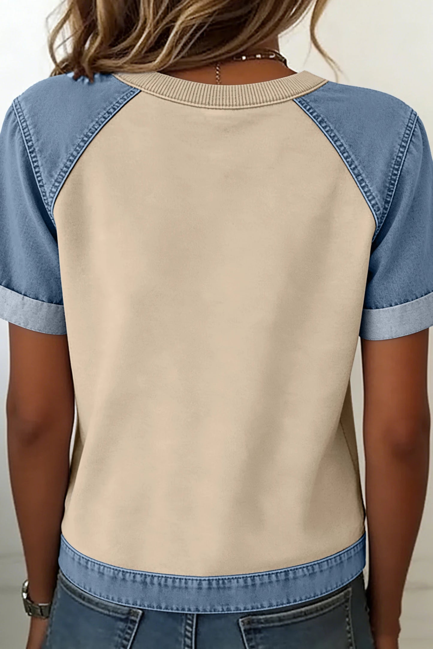 Beige Denim Patchwork Color Block Casual Crew Neck Tee