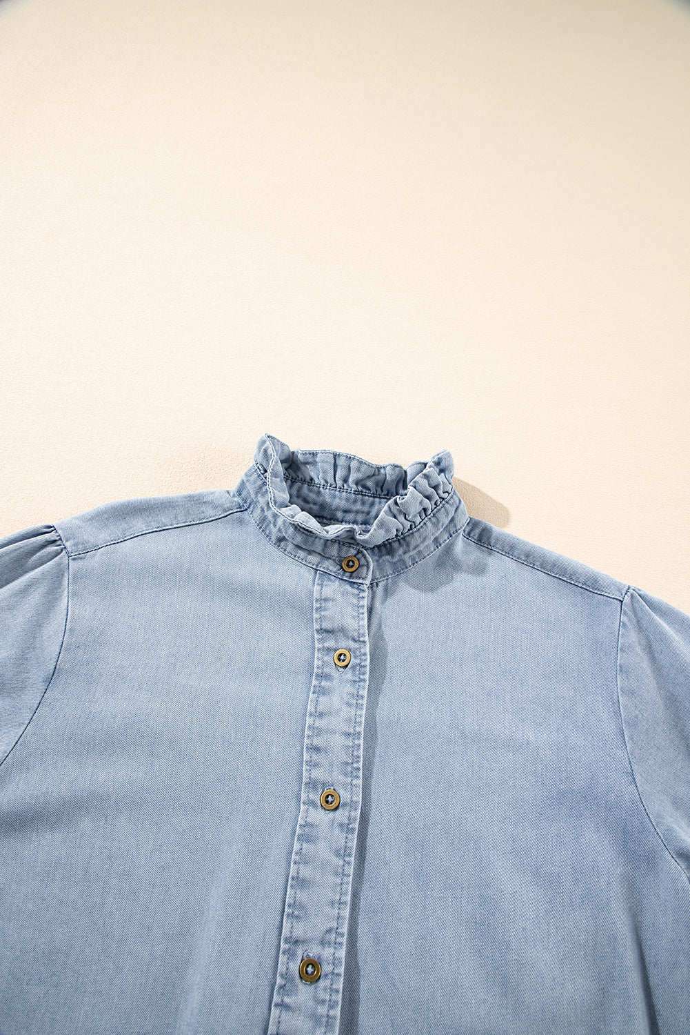 Light Wash Chambray Puff Sleeve Button Up Shirt