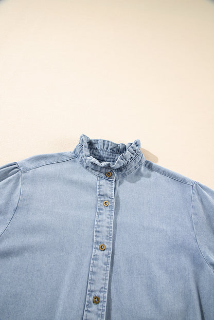 Light Wash Chambray Puff Sleeve Button Up Shirt