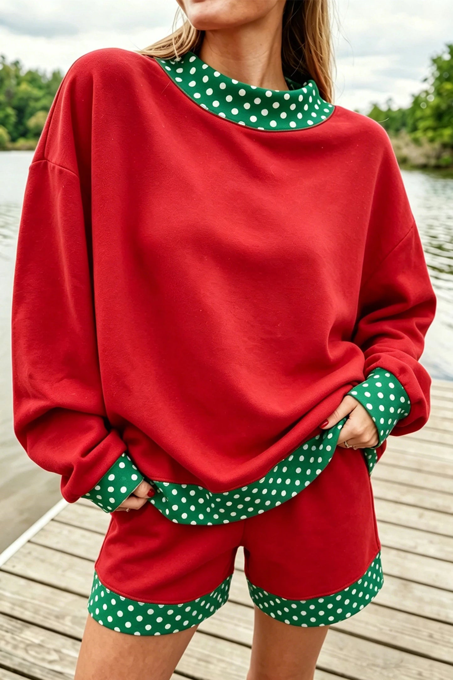 Red Gingham Trim Sweatshirt Shorts Two Piece Set