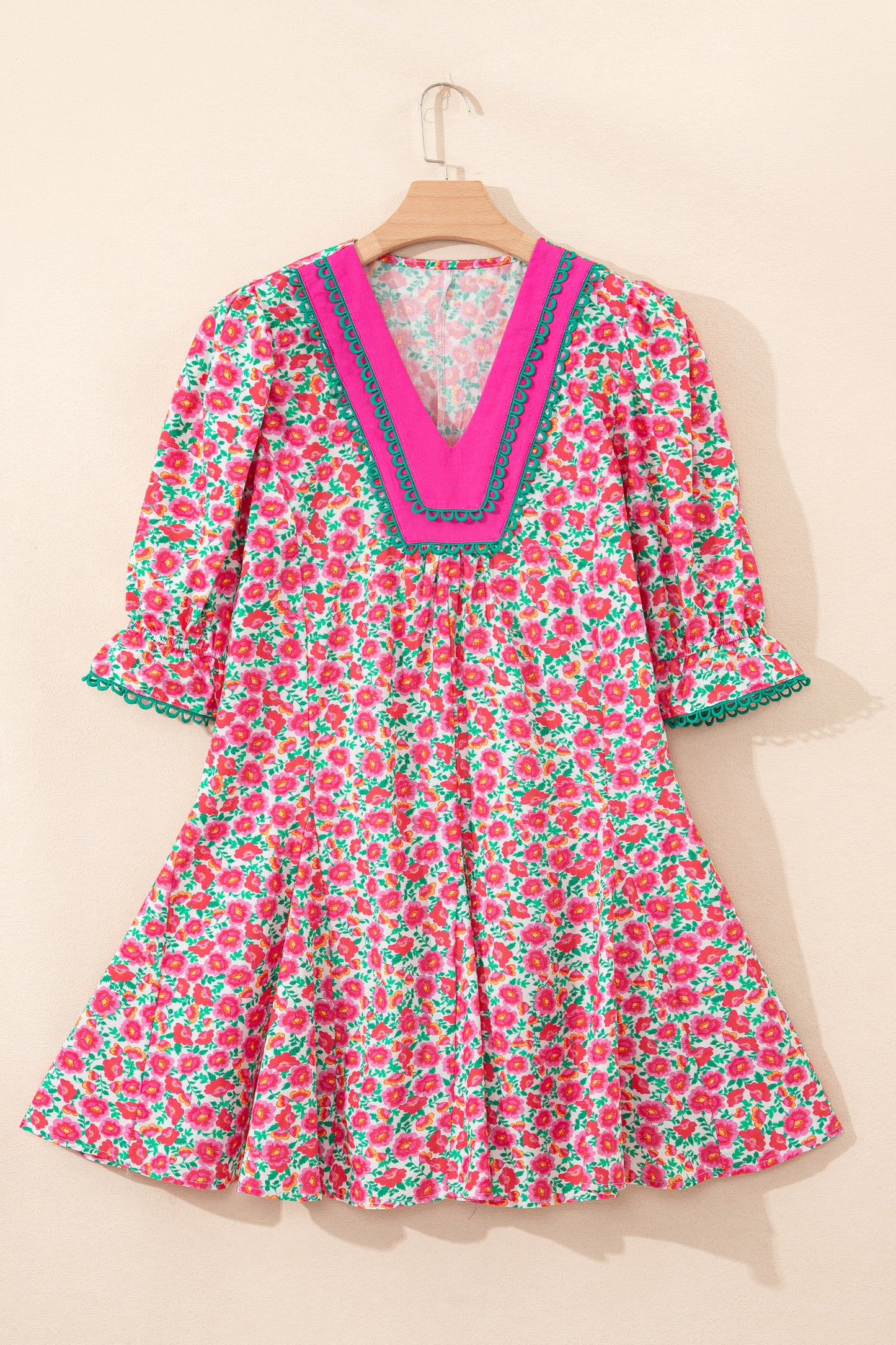 Pink Floral V Neck Puff Sleeve Mini Dress