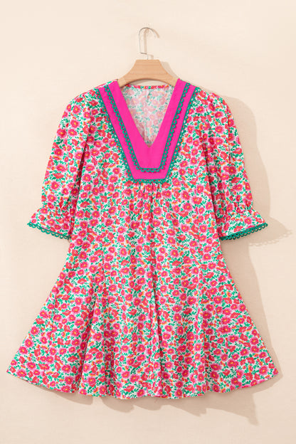 Pink Floral V Neck Puff Sleeve Mini Dress