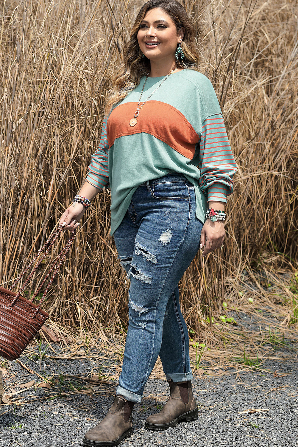 Green Plus Size Striped Long Sleeve Colorblock Tee with Slits