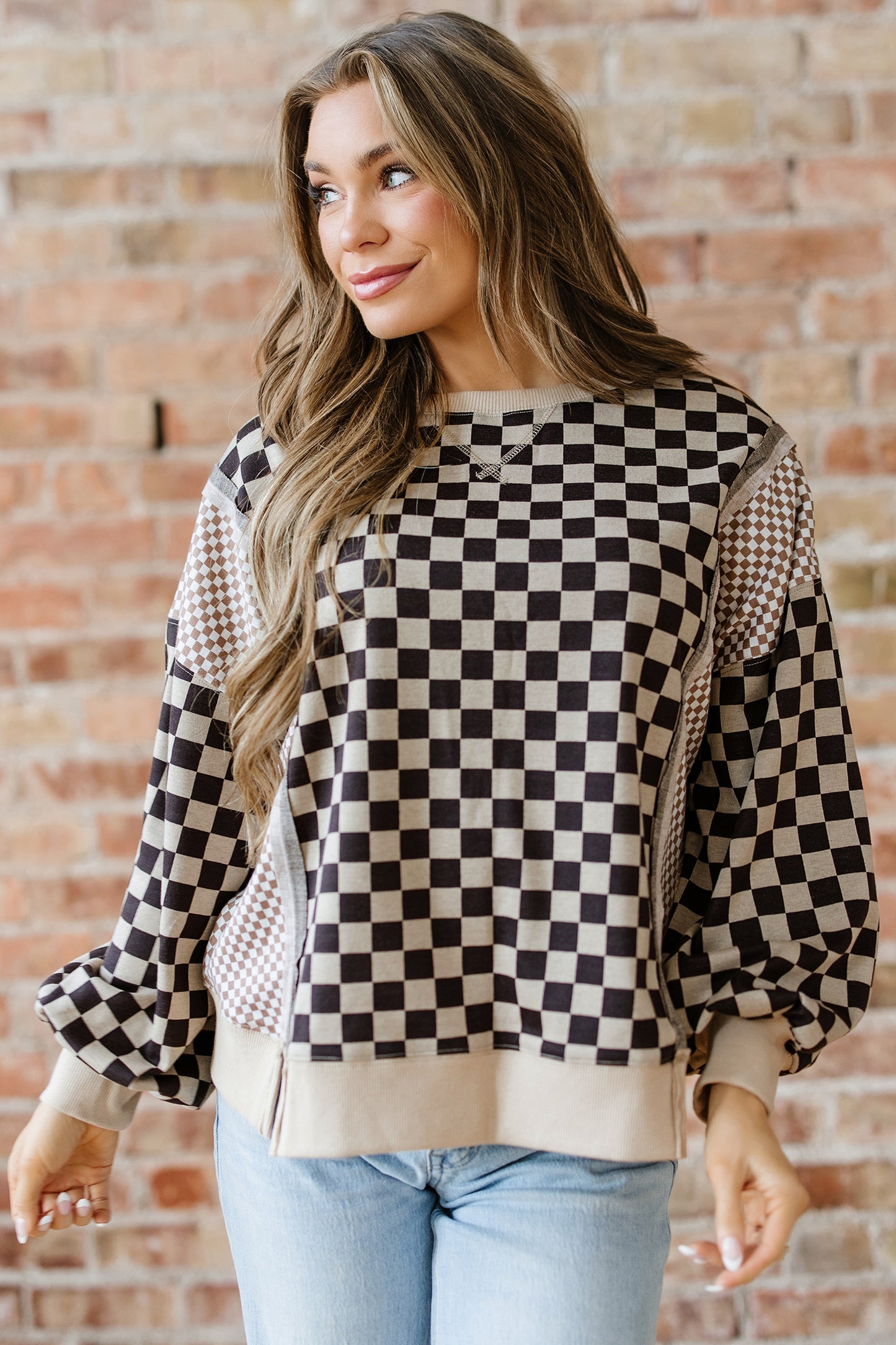 Khaki Checkered Patchwork High Low Round Neck Casual Top