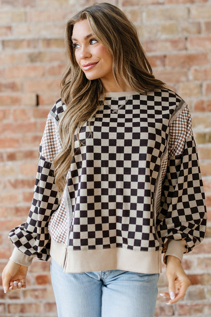 Khaki Checkered Patchwork High Low Round Neck Casual Top