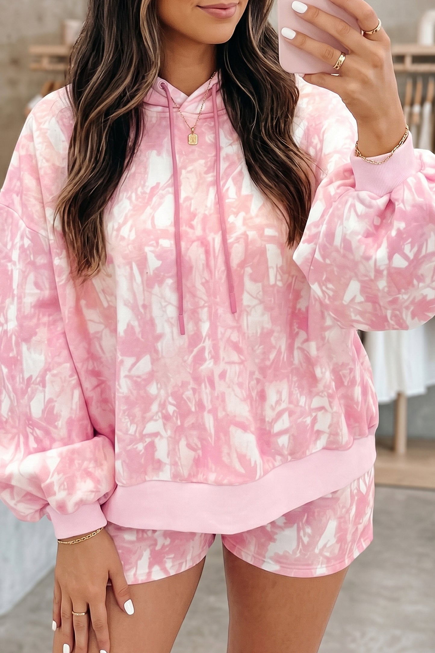 Pink Tie Dye Hoodie Shorts Set 2PC Lounge Set