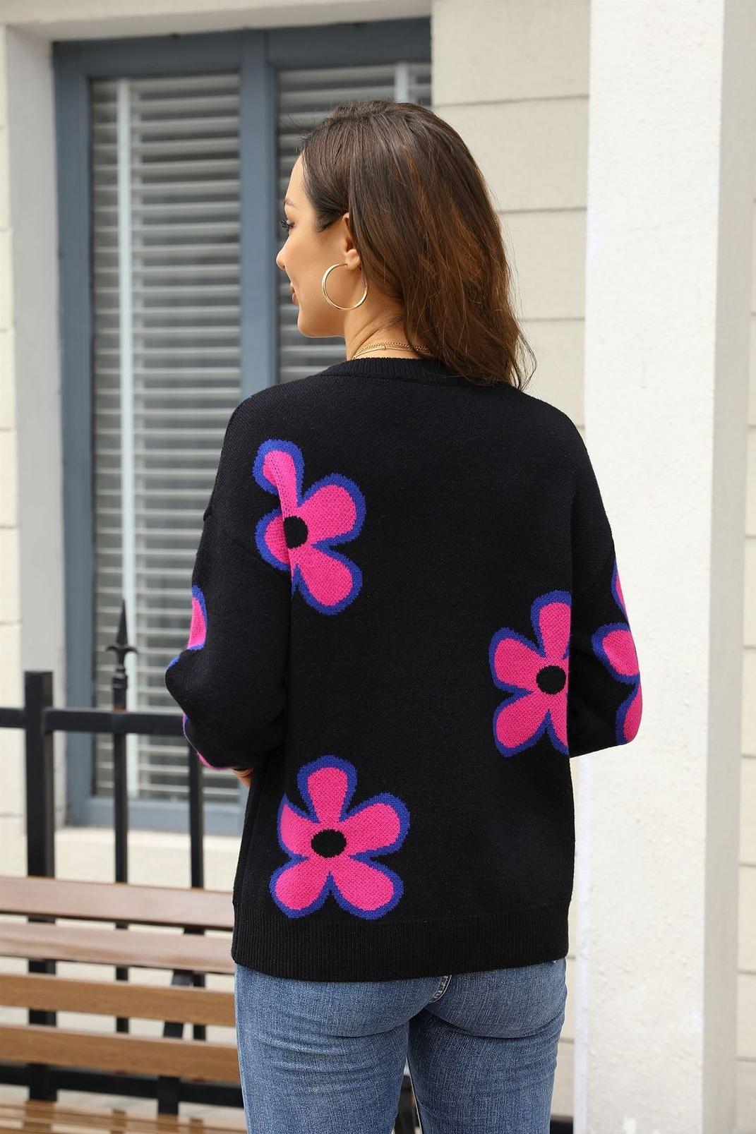 Retro Floral Print Knit Sweater – Colorblock Pullover Top