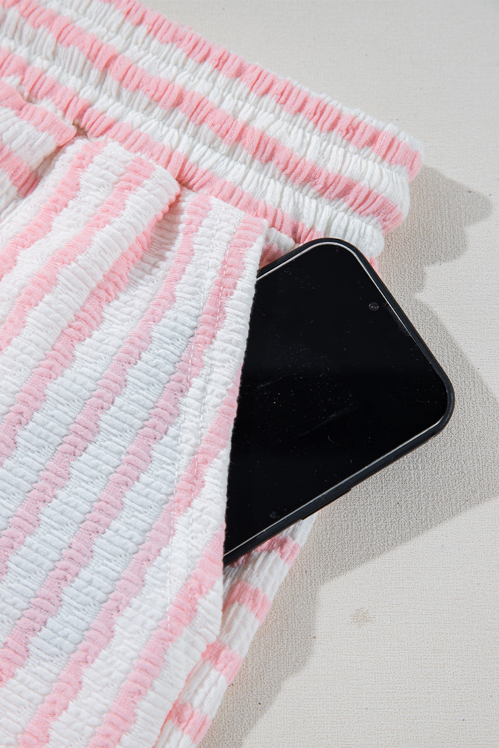 Pink Stripe Textured Knit Lounge Set Drawstring Shorts