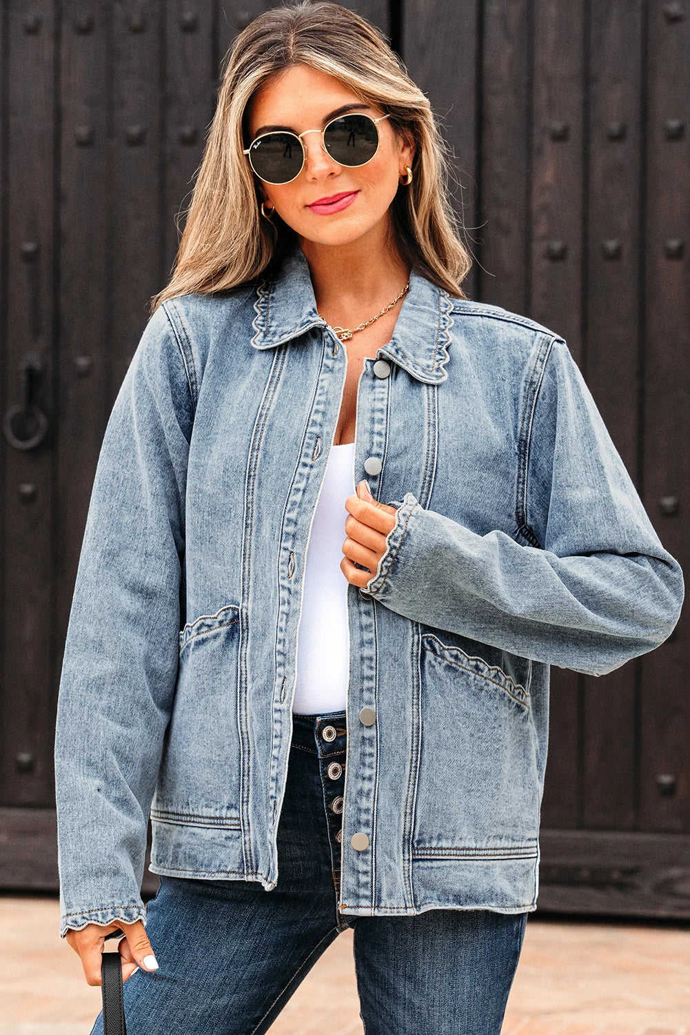 Scallop Trim Denim Jacket with Patched Pockets