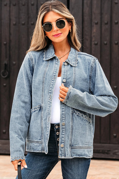 Scallop Trim Denim Jacket with Patched Pockets