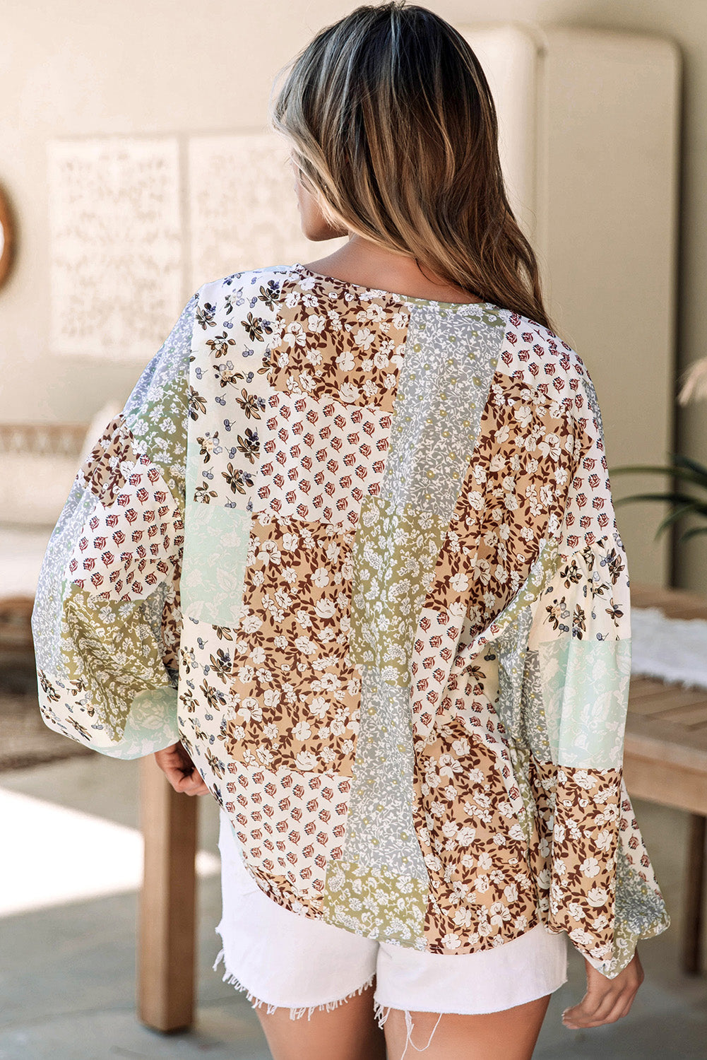 Floral Patchwork Print Button Front Puff Sleeve Blouse