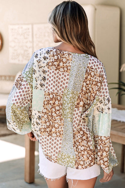 Floral Patchwork Print Button Front Puff Sleeve Blouse