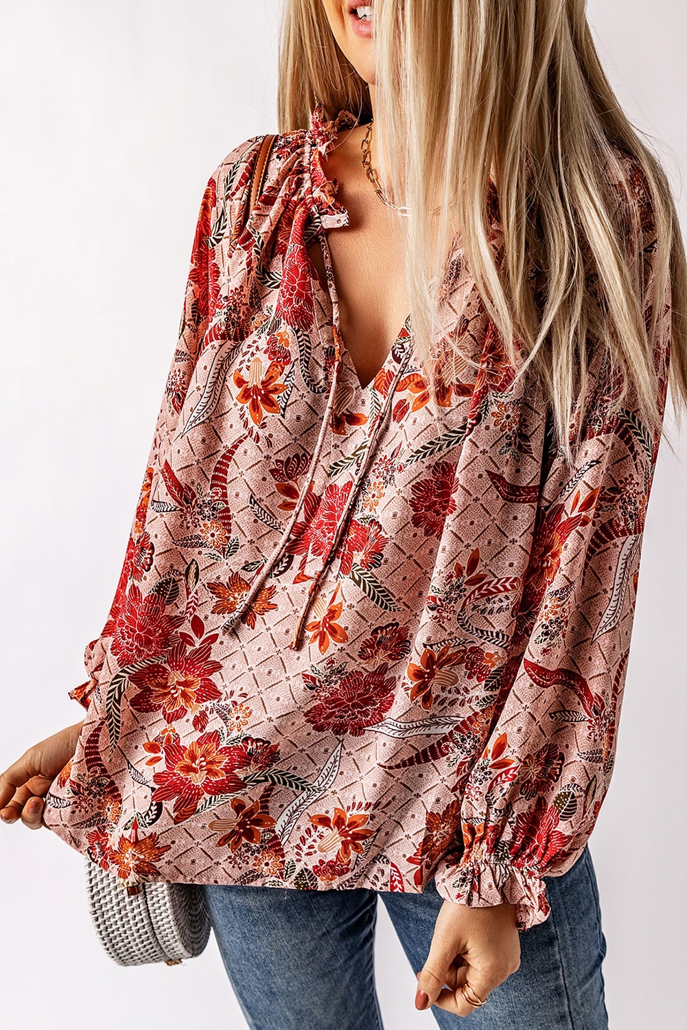 Pink Split V Neck Printed Blouse