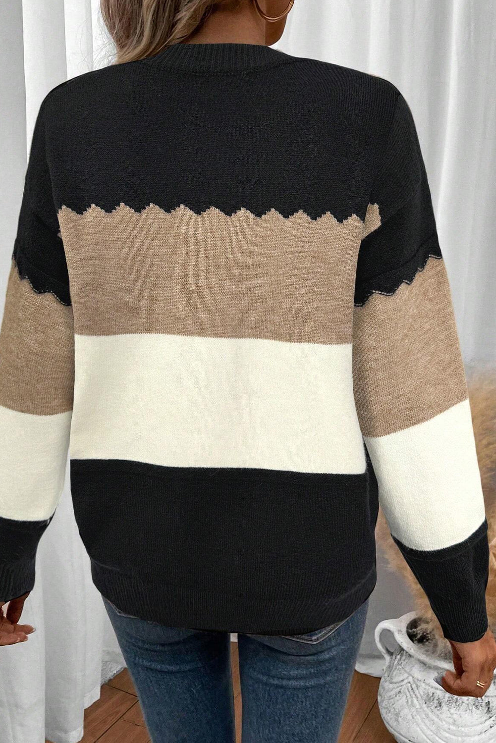 Black Beige Brown Colorblock Drop Shoulder Knit Sweater