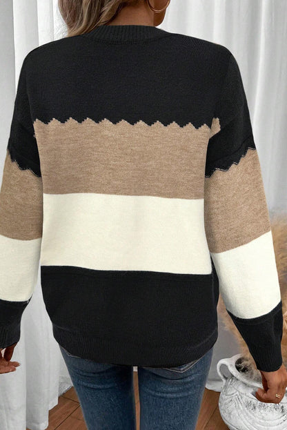 Black Beige Brown Colorblock Drop Shoulder Knit Sweater